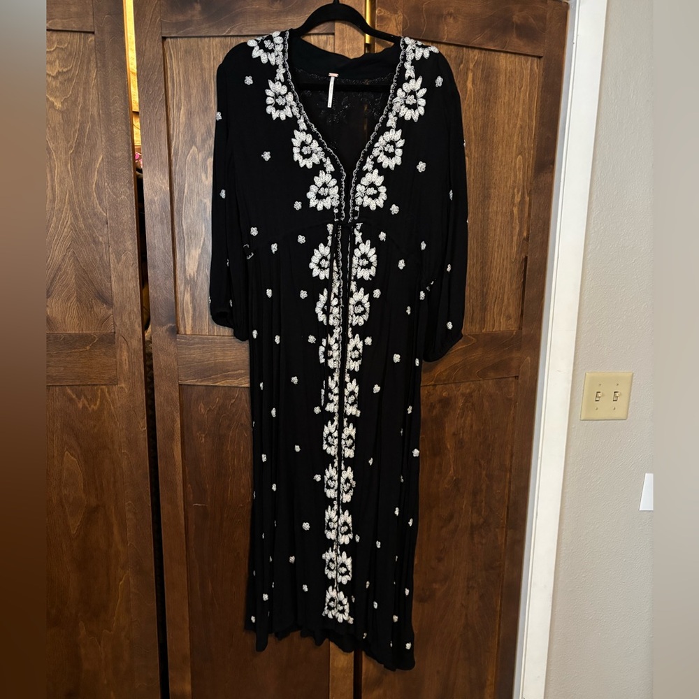 Free People Black Fable Dress with White Floral Embroidery
